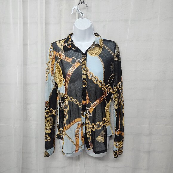 Black Gold Mesh Sheer Button Blouse Equestrian Club Party XL NWT - Picture 12 of 12